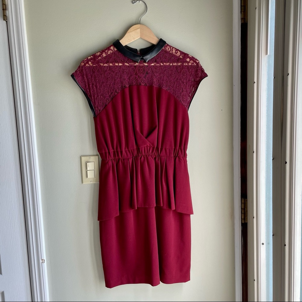 W118 by Walter Baker dress, maroon with embroidery and leather accents